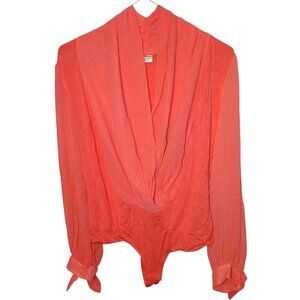 Eva Mendas Women's Sz Small Bodysuit Pink  Coral Drape V Neck Sheer Sleeves